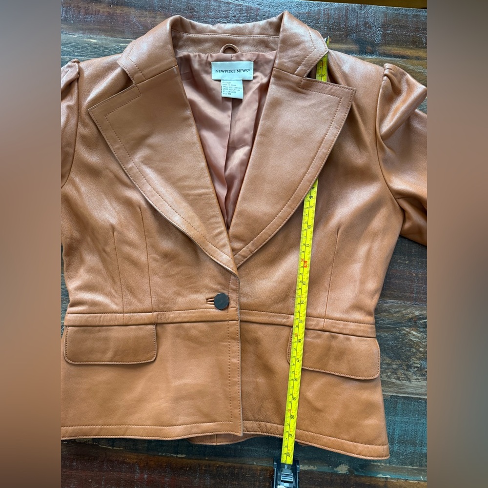 Newport News Women’s 10 Leather Caramel 3/4 Wide Flare Sleeve Blazer | SKU 0134 - Picture 4 of 7